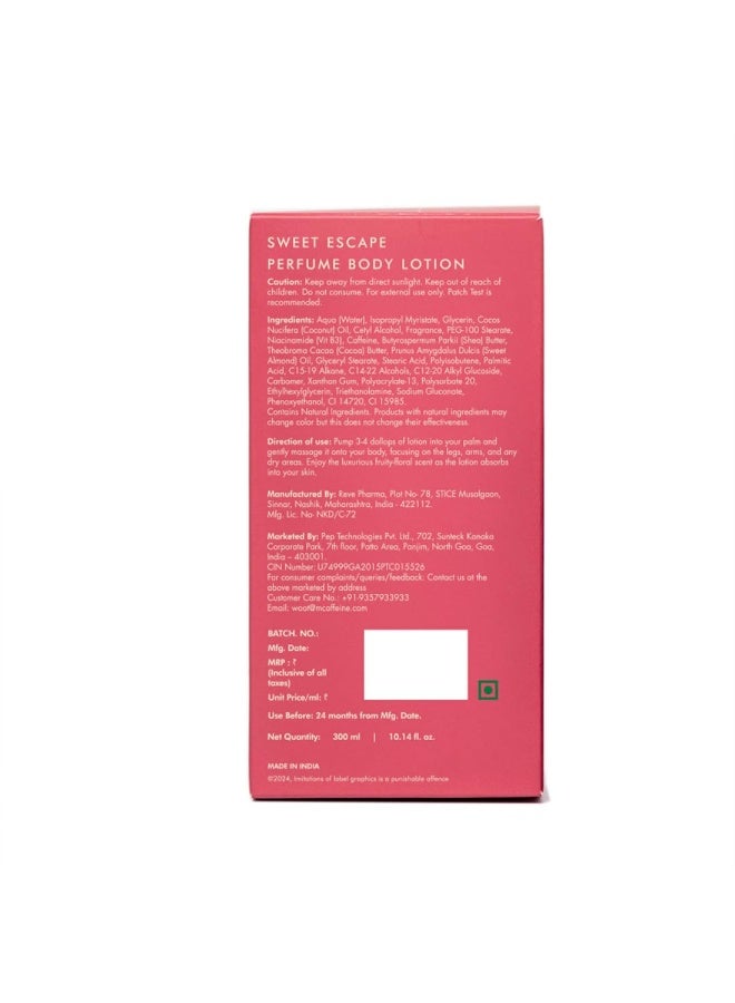 إم كافيين لوشن الجسم إم كافيين سويت إسكيب برائحة عطرية | نياسيناميد، زبدة الكاكاو، وزبدة الشيا لترطيب عميق | خفيف الوزن، غير لزج | عطر فاكهي-زهري | لوشن للجسم للبشرة الجافة - ٣٠٠ مل - Image 3