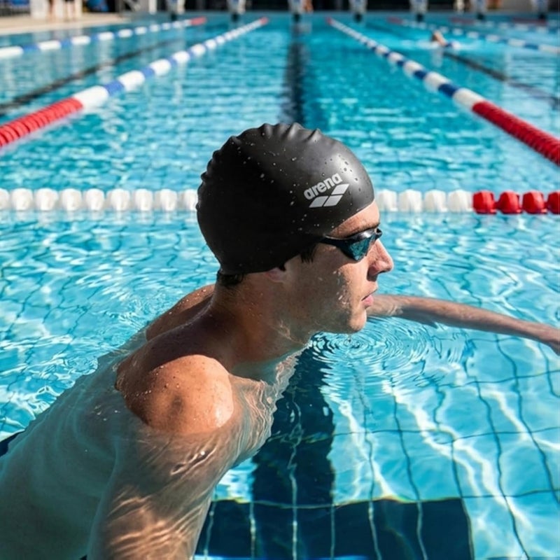 arena Swimming Cap Black Flexible Silicone for Hair Protection