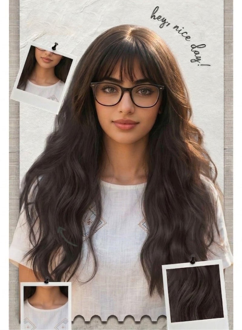 زوريا شعر مستعار طويل مموج مع غرة خفيفة للنساء، شعر مستعار صناعي بني موكا داكن بطول 60 سم، شعر مستعار كثيف من ألياف طبيعية غير لامعة مقاومة للحرارة مع قبعة مجانية للاستخدام اليومي والحفلات - Image 3