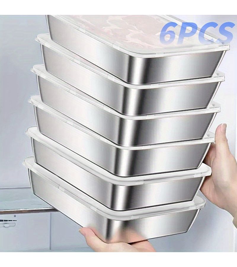 Striped Stainless Steel Food Storage Containers 6pcs Airtight Leakproof Dishwasher Safe Stackable - Image 1