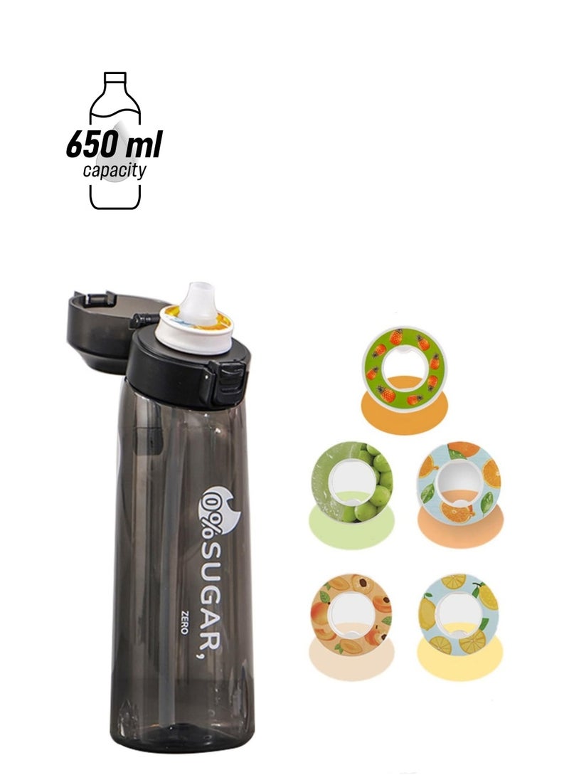 Generic Flavor Scent Water Bottle, 650ml Sports Air Water Bottle, BPA-Free Starter Set Drinking Bottles with 5 Flavour Pods Scented for Flavouring, 0 Sugar, 0 Calorie (Black)  - Image 1