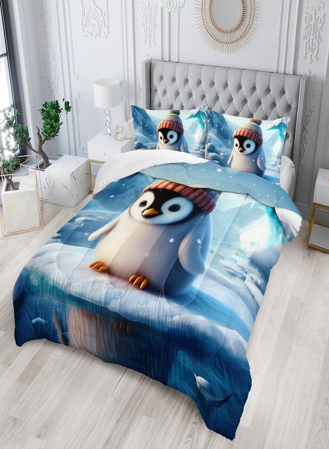 Nttopship Kawaii Blue Penguin Comforter Set for Boys Kids,3 Pieces Cartoon Ice Penguin Bedding Set Full Size Cute Penguin Lightweight Down Alternative Comforter with 1 Comforter 2 Pillowcase All Seasons - Image 3