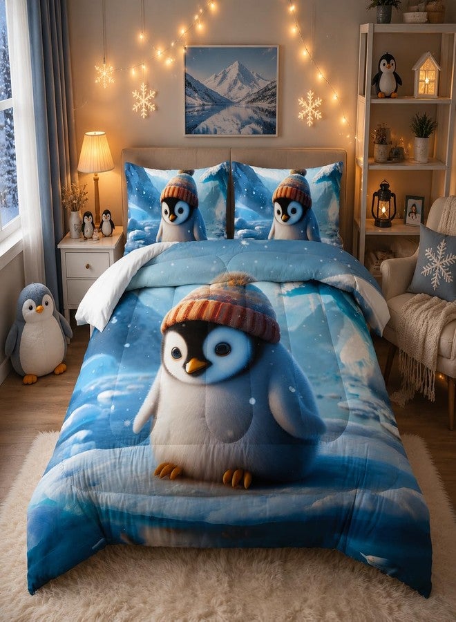 Nttopship Kawaii Blue Penguin Comforter Set for Boys Kids,3 Pieces Cartoon Ice Penguin Bedding Set Full Size Cute Penguin Lightweight Down Alternative Comforter with 1 Comforter 2 Pillowcase All Seasons - Image 1