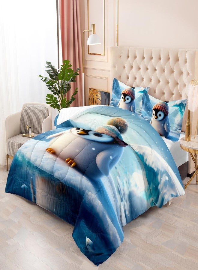 Nttopship Kawaii Blue Penguin Comforter Set for Boys Kids,3 Pieces Cartoon Ice Penguin Bedding Set Full Size Cute Penguin Lightweight Down Alternative Comforter with 1 Comforter 2 Pillowcase All Seasons - Image 4