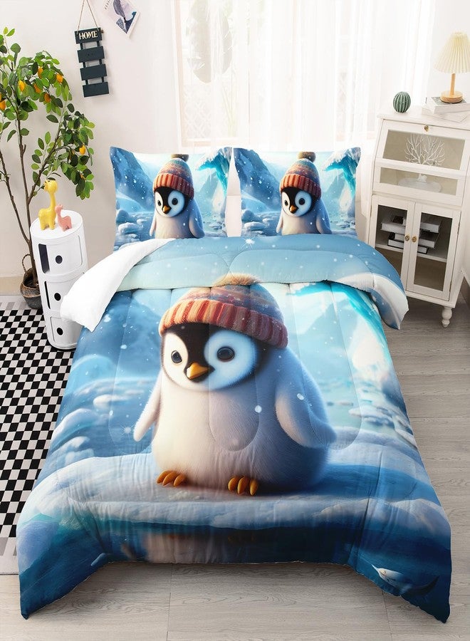Nttopship Kawaii Blue Penguin Comforter Set for Boys Kids,3 Pieces Cartoon Ice Penguin Bedding Set Full Size Cute Penguin Lightweight Down Alternative Comforter with 1 Comforter 2 Pillowcase All Seasons - Image 2