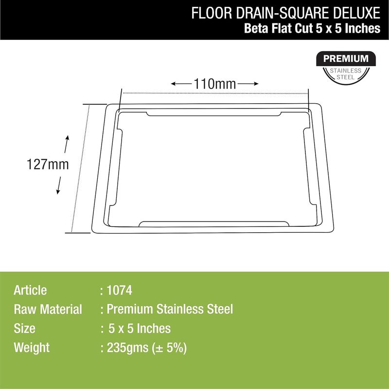 LIPKA Beta Deluxe Square Flat Cut Floor DrainPremium Stainless Steel 5 x 5 Inches - Image 2