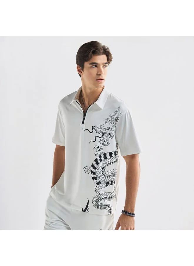 FAV Dragon Print Polo T-shirt with Zip Closure and Short Sleeves