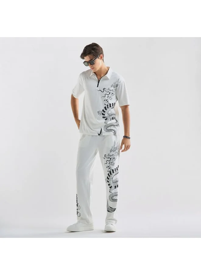 FAV Dragon Print Polo T-shirt with Zip Closure and Short Sleeves