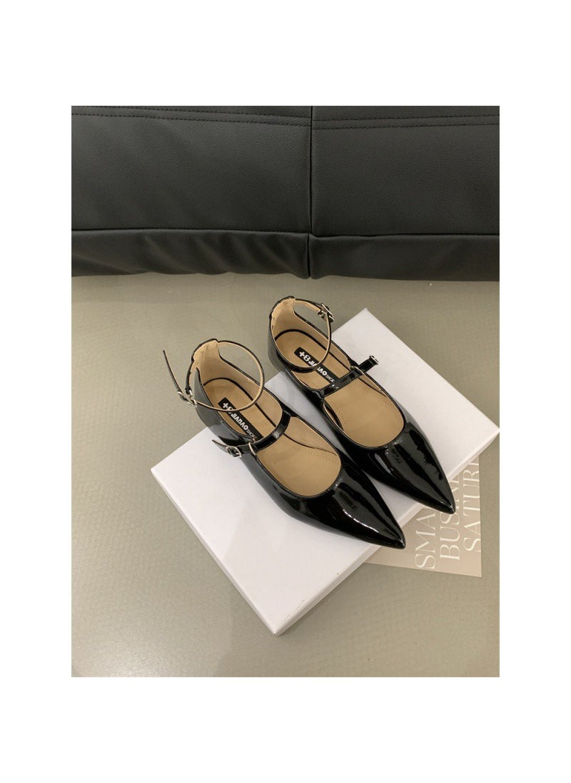 Generic - Elegant Tweed Style Womens Flat Shoes Pointed Mouth Single Shoe 2024 New Commuting Marys Shoes With One-Row Button Black - Image 1