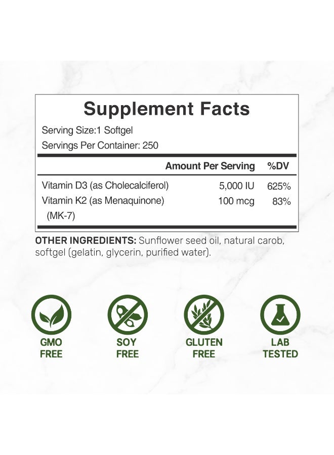 DEAL SUPPLEMENT Vitamin D3 5,000 IU + K2 MK7 Softgels, 250 Count | 2-in-1 Complex | Supports Heart, Bone, Teeth & Immune Health* | Easy to Swallow - Image 4