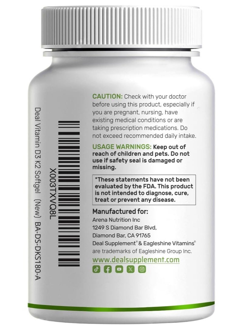 DEAL SUPPLEMENT Vitamin D3 5,000 IU + K2 MK7 Softgels, 250 Count | 2-in-1 Complex | Supports Heart, Bone, Teeth & Immune Health* | Easy to Swallow - Image 2