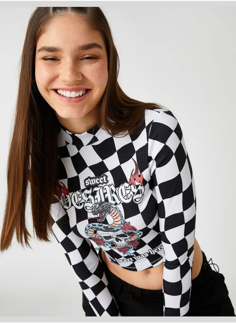 كوتون Crop T-Shirt High Neck Long Sleeve Check Printed