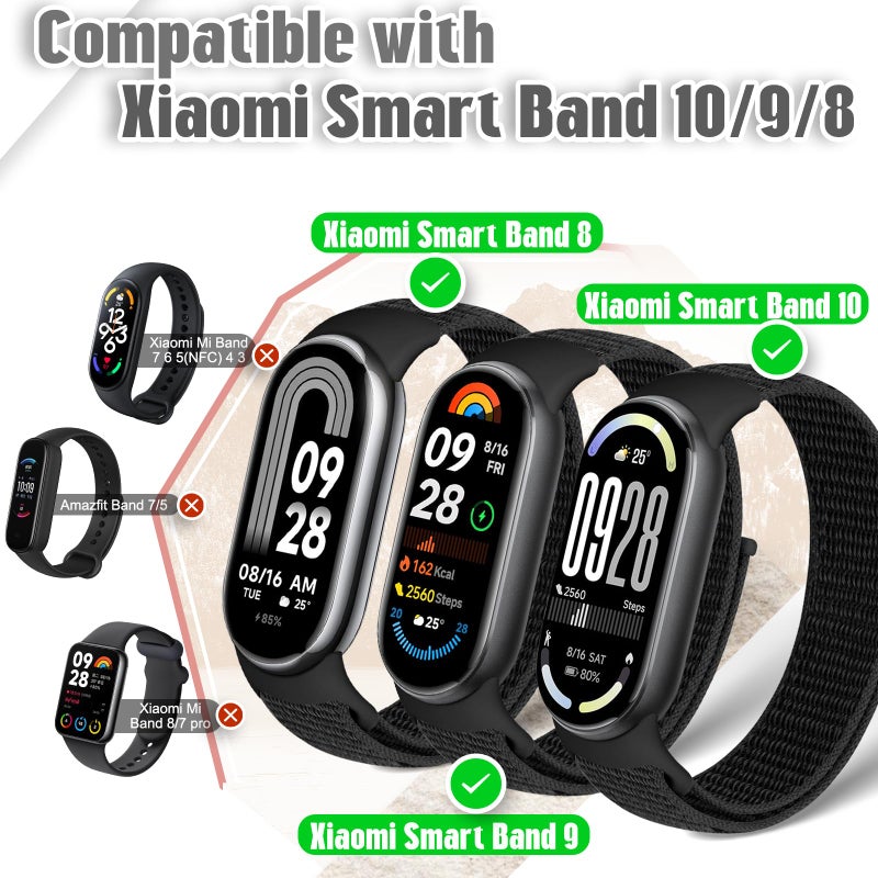 Bcuckood Nylon Sport Band Compatible with Xiaomi Smart Band 10/9/8 for Women Men, Soft Adjustable Breathable Sport Loop Watch Strap Replacement Wristband for Xiaomi Mi Band 10/9/8, 3pcs - Image 3