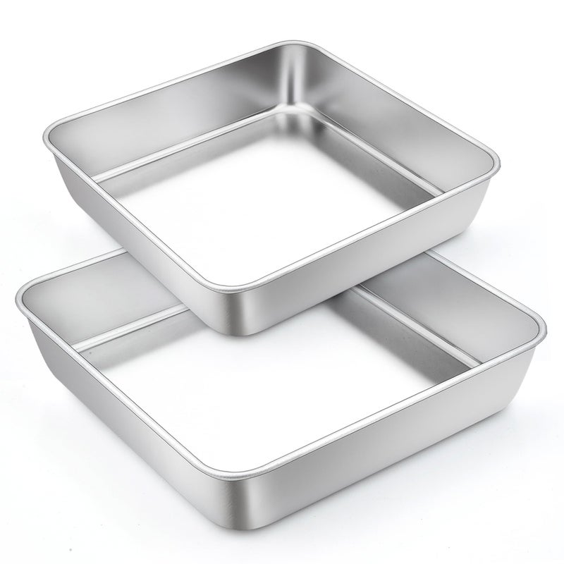 TeamFar TeamFar Square Cake Pan 89 Inch Stainless Steel Square Baking Pan for Cake Brownie Lasagna NonToxic  Heavy Duty One Piece Design  Deep Wall Smooth  Dishwasher Safe  Set of 2