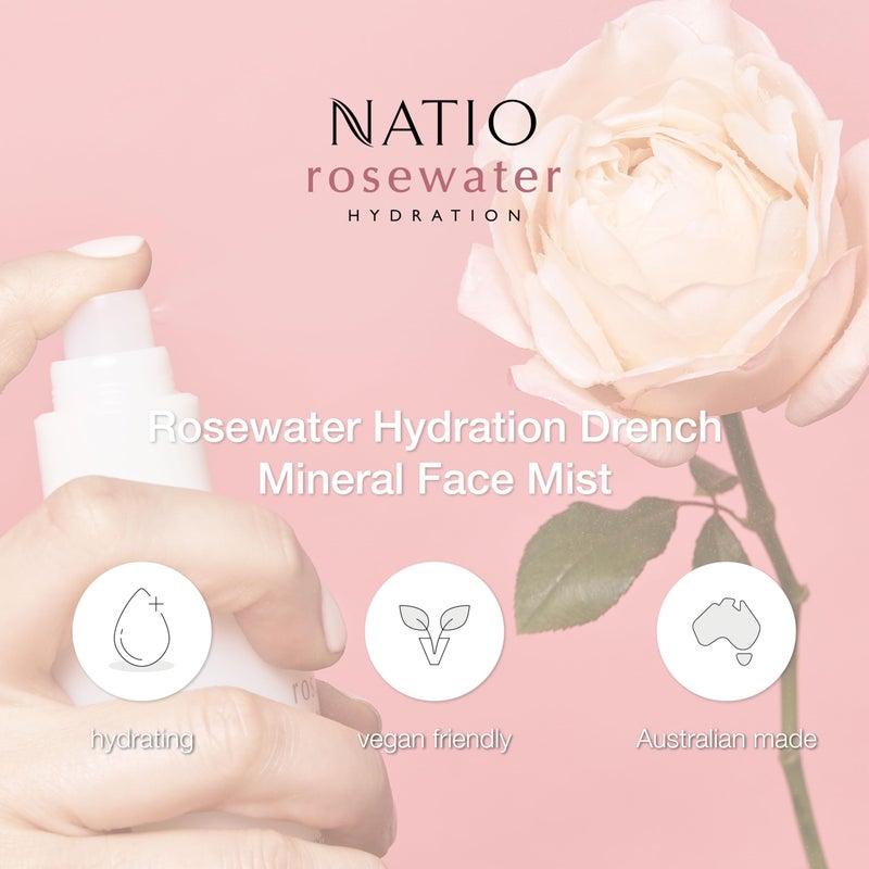 Natio Australia Rosewater Hydration Drench Mineral Face Mist, 6.7 oz - Face Moisturizer For All Skin Types - Makeup Safe Face Mist Hydrating Spray - Image 4