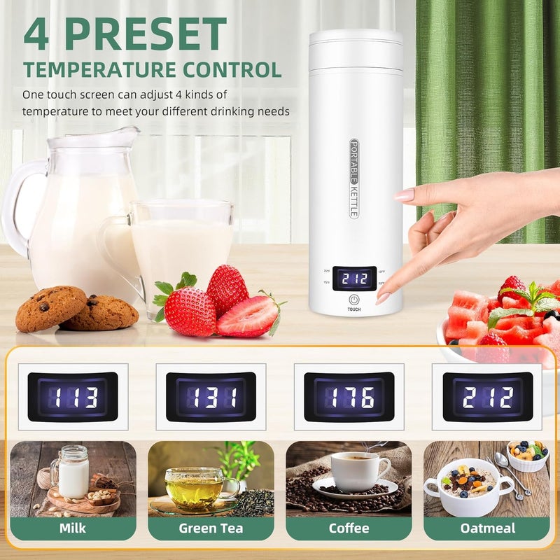 Hulami Travel Electric Kettle - 316 Stainless Steel Portable Tea Coffee Kettle Water Boiler, Water Heater with 4 Temperature Control, Auto Shut-Off & Boil Dry Protection, 500ML Camping Kettle (White) - Image 2