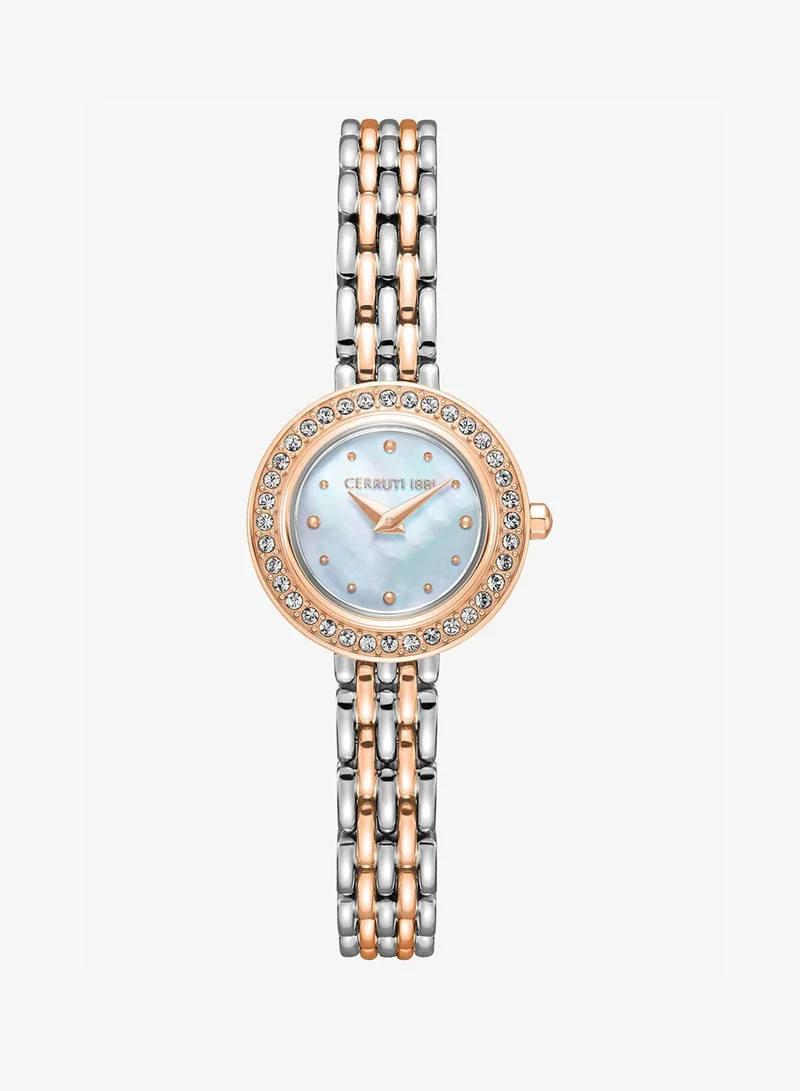 CERRUTI 1881 Matera Analog Women's Watch - White Mother of Pearl Dial, Crystal Embedded Topring, Two-Tone Bracelet
