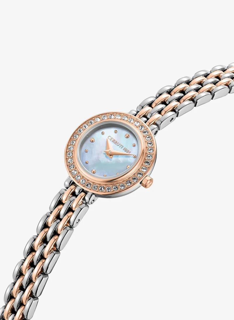CERRUTI 1881 Matera Analog Women's Watch - White Mother of Pearl Dial, Crystal Embedded Topring, Two-Tone Bracelet