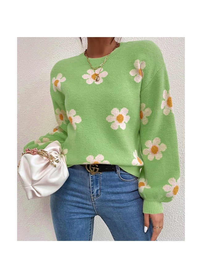 NIBEMINENT Print Floral Women Knit Sweaters Round Neck Loose Long Sleeve Sweater Elegant Streetwear Pullover Splice Autumn Winter - Image 1
