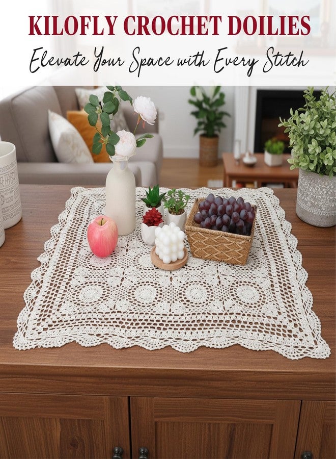 kilofly Handmade Crochet Cotton Lace Table Placemats Sofa Doilies, Square, Beige, 27 inch - Image 4