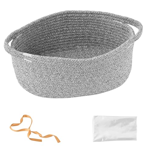 Kodomoore Small Woven Gift Basket Empty with Bag Ribbon Gifts for Mom Baby Shower Birthdays Raffle Cotton Rope Storage Basket for Dog Toys or Shelf 12x8x5 Gray - Image 1