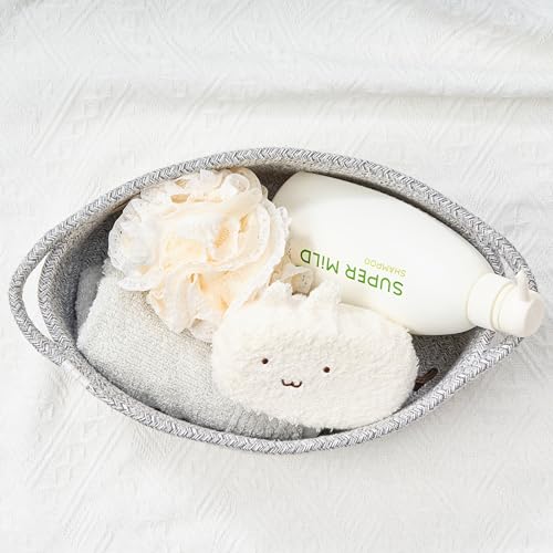 Kodomoore Small Woven Gift Basket Empty with Bag Ribbon Gifts for Mom Baby Shower Birthdays Raffle Cotton Rope Storage Basket for Dog Toys or Shelf 12x8x5 Gray - Image 3