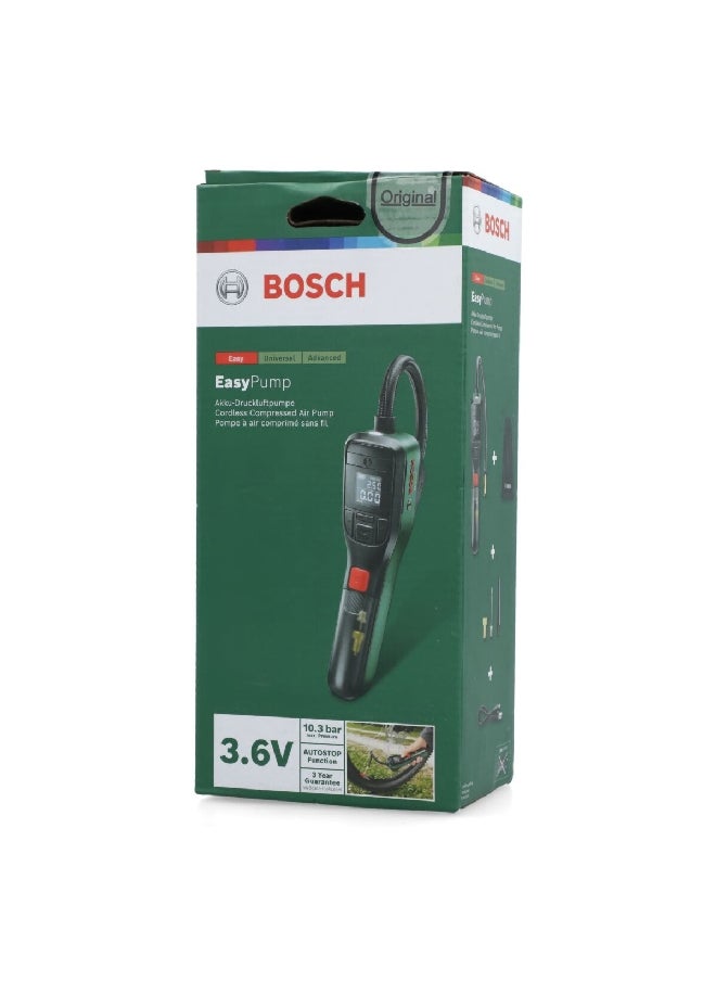 BOSCH EasyPump 3.6V Autostop Cordless Compressed Air Pump 8.7 x 12.3 x 26.5 cm Green and Black JE0 603 947 036  - Image 1