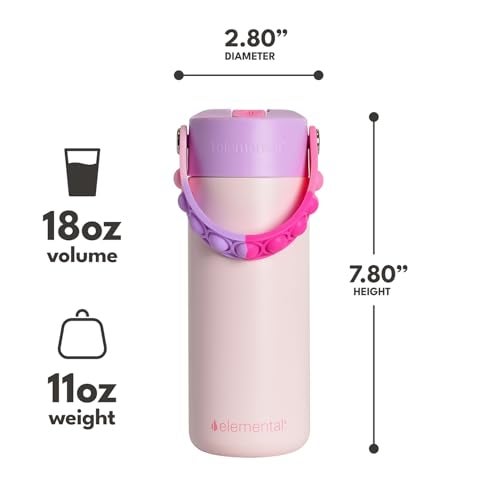 Elemental Insulated Kids Water Bottle Stainless Steel Water Bottle with Straw Lid PopIt Handle LeakProof Water Bottles for School Boys or Girls Travelling and Sports 18oz Pink Tie Dye - Image 3
