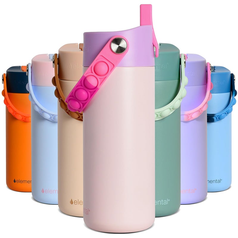 Elemental Insulated Kids Water Bottle Stainless Steel Water Bottle with Straw Lid PopIt Handle LeakProof Water Bottles for School Boys or Girls Travelling and Sports 18oz Pink Tie Dye - Image 2