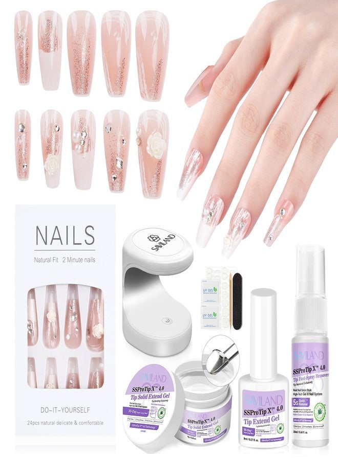 SAVILAND Bride Press On Nails Easy Kit: Long-Wear Acrylic Thick Tips Wedding White Press Ons Gel Nail Kit U V Cured GEL Nail Glue Fake False Nails Nail Lamp DIY Nail Art Kit - Image 1