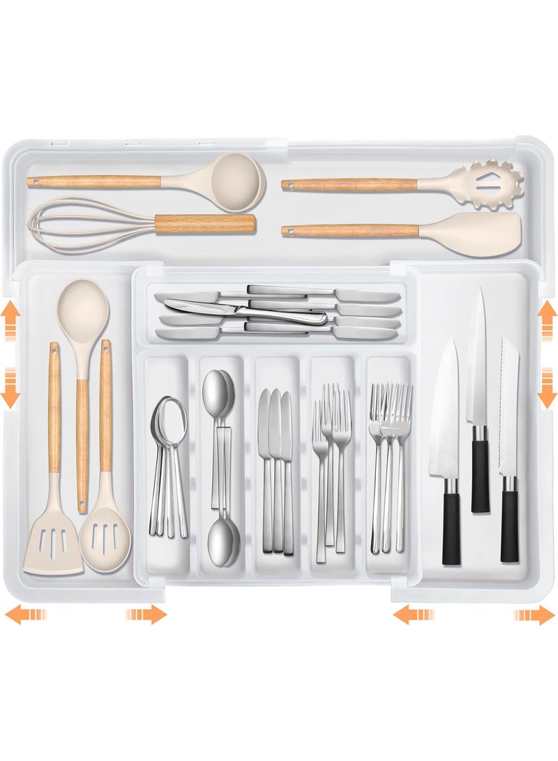 نكومي منظم أدوات مطبخ كبير الحجم قابل للتوسيع من 6 إلى 9 فتحات، صينية أدوات مائدة فضية قابلة للتعديل وخالية من مادة BPA، صينية أدوات مائدة للخزانة لتخزين الملاعق والشوك والسكاكين - Image 1