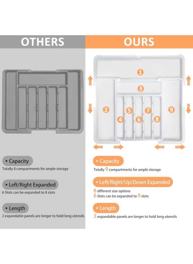 نكومي منظم أدوات مطبخ كبير الحجم قابل للتوسيع من 6 إلى 9 فتحات، صينية أدوات مائدة فضية قابلة للتعديل وخالية من مادة BPA، صينية أدوات مائدة للخزانة لتخزين الملاعق والشوك والسكاكين - Image 2