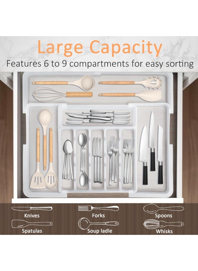 نكومي منظم أدوات مطبخ كبير الحجم قابل للتوسيع من 6 إلى 9 فتحات، صينية أدوات مائدة فضية قابلة للتعديل وخالية من مادة BPA، صينية أدوات مائدة للخزانة لتخزين الملاعق والشوك والسكاكين - Image 3