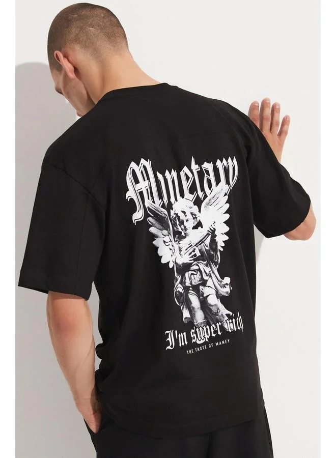 JUNE June Men Oversize Pattern Crew Neck Printed Tshirt Black