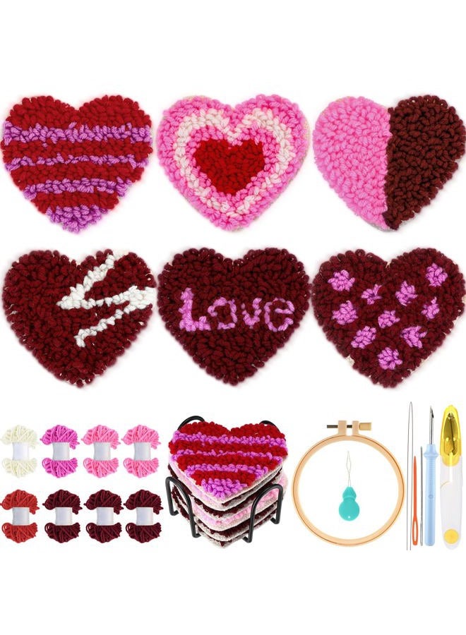 Yaomiao 6 Pcs Valentine's Day Punch Needle Coaster Kit Embroidery Kits Punch Needle Set Craft Supplies with Patterns Yarns Tools Adhesive Felt Embroidery Hoop Instruction Holder for DIY - Image 1
