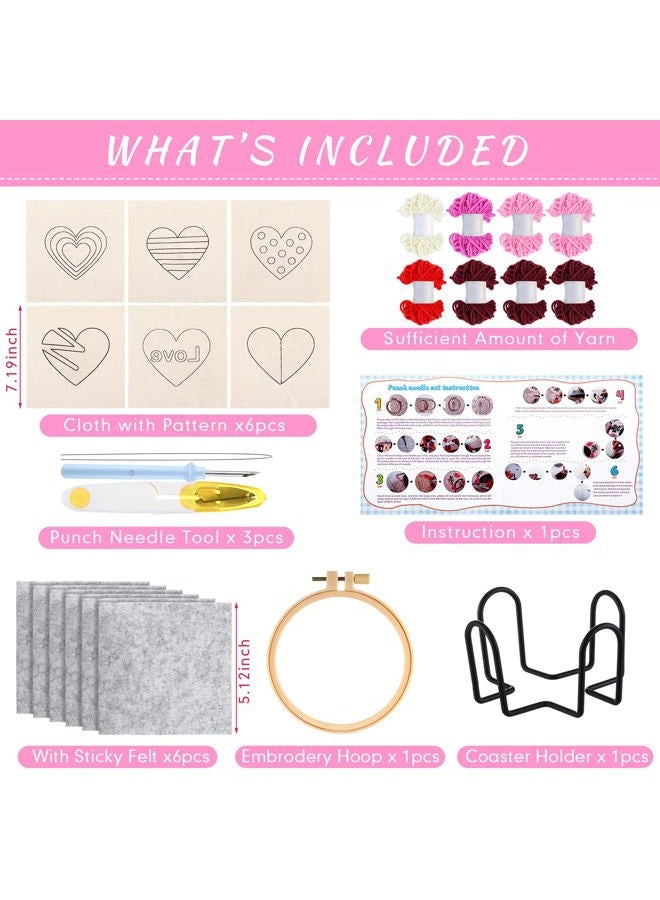 Yaomiao 6 Pcs Valentine's Day Punch Needle Coaster Kit Embroidery Kits Punch Needle Set Craft Supplies with Patterns Yarns Tools Adhesive Felt Embroidery Hoop Instruction Holder for DIY - Image 2