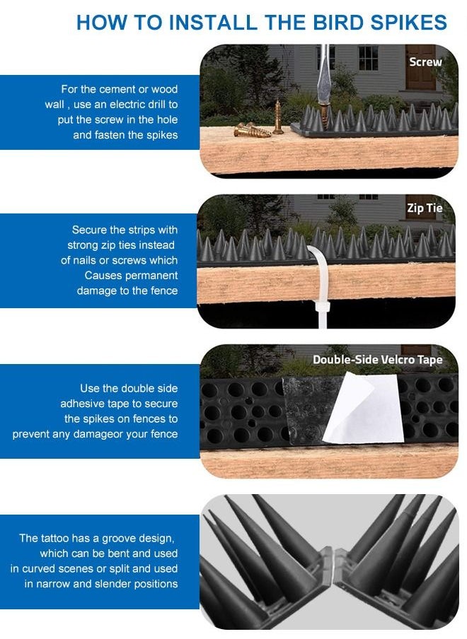 12 Pack Anti Bird Spikes - Huge 5m Coverage with 2500 Spikes - Pigeon Deterrent - Wall & Fence Spikes for Cats & Birds - Anti Pigeon Spikes Anti Bird Plastic Fence Spikes for Railing and Roof