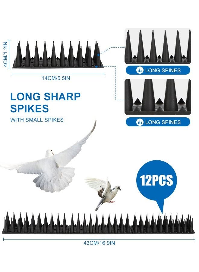 12 Pack Anti Bird Spikes - Huge 5m Coverage with 2500 Spikes - Pigeon Deterrent - Wall & Fence Spikes for Cats & Birds - Anti Pigeon Spikes Anti Bird Plastic Fence Spikes for Railing and Roof