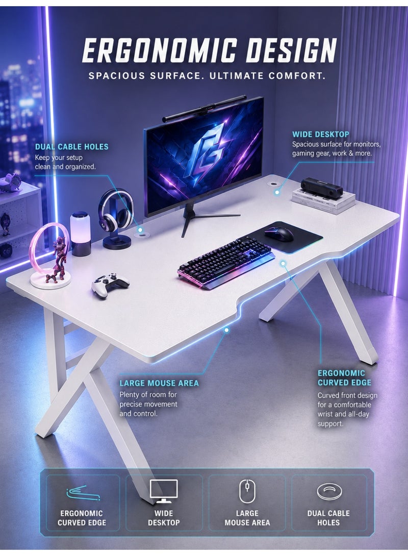 OHAHO 140CM Gaming Table,Gaming Desk, Computer Desk Home Office Desk Extra Large Modern Ergonomic Table Gamer Workstation (NEW White, 140x60x75cm) - Image 3