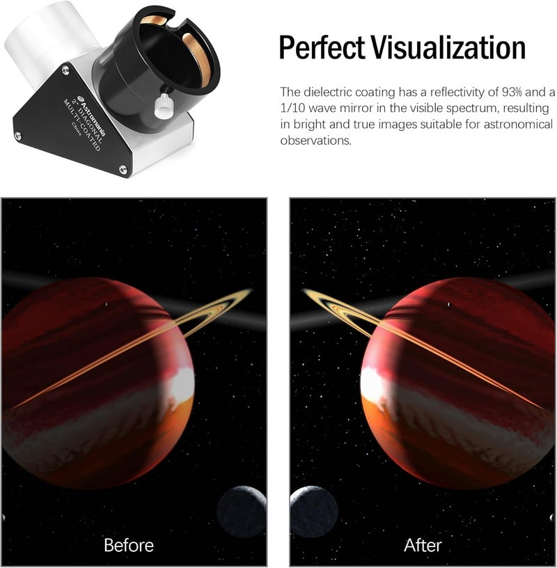 Astromania 2 Inch Star Diagonal 90-Degree Mirror with 93% Reflectivity Dielectric Coatings - Fully Metal for Refracting Telescope Eyepiece Lens for Astronomical Visual Astrophotography - Image 2
