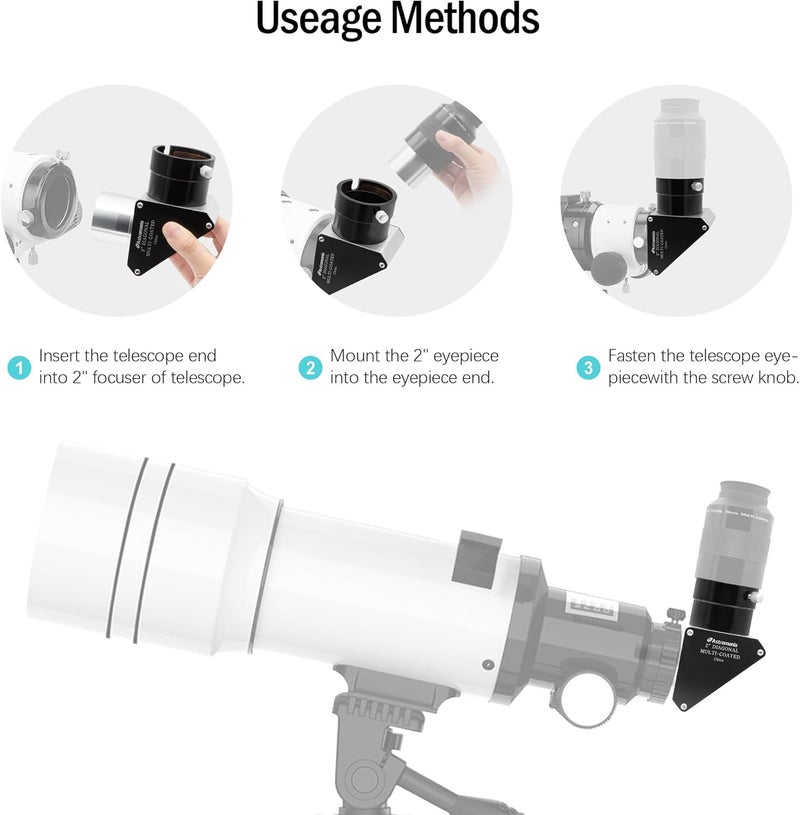 Astromania 2 Inch Star Diagonal 90-Degree Mirror with 93% Reflectivity Dielectric Coatings - Fully Metal for Refracting Telescope Eyepiece Lens for Astronomical Visual Astrophotography - Image 4