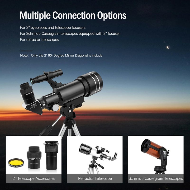 Astromania 2 Inch Star Diagonal 90-Degree Mirror with 93% Reflectivity Dielectric Coatings - Fully Metal for Refracting Telescope Eyepiece Lens for Astronomical Visual Astrophotography - Image 3
