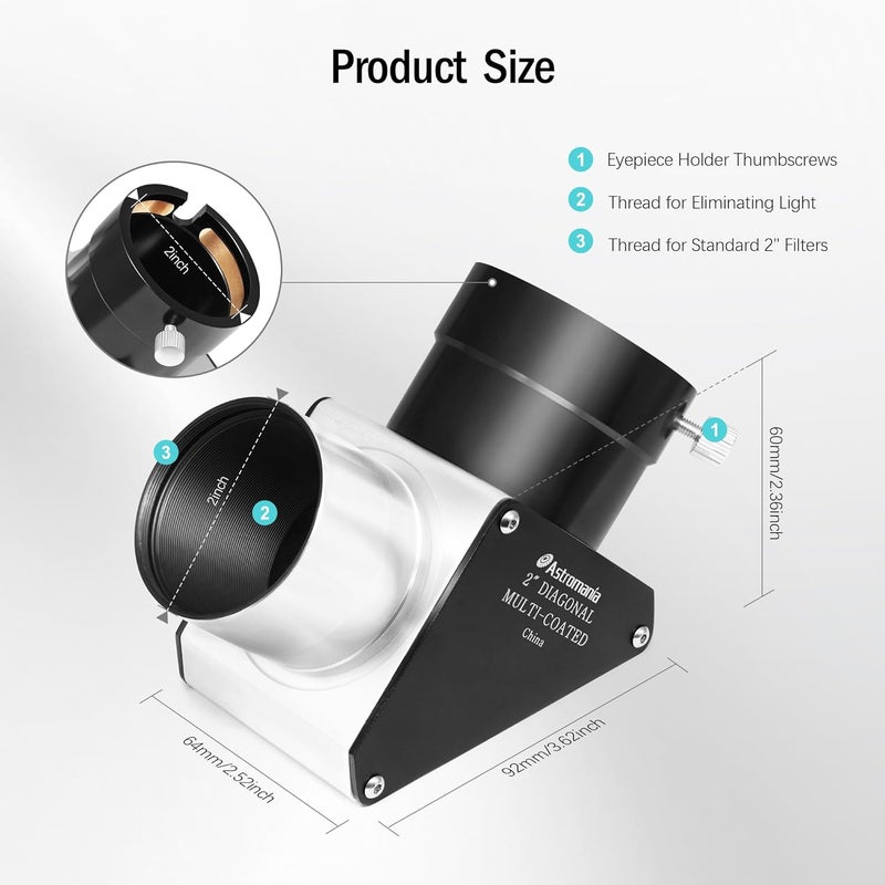 Astromania 2 Inch Star Diagonal 90-Degree Mirror with 93% Reflectivity Dielectric Coatings - Fully Metal for Refracting Telescope Eyepiece Lens for Astronomical Visual Astrophotography - Image 5
