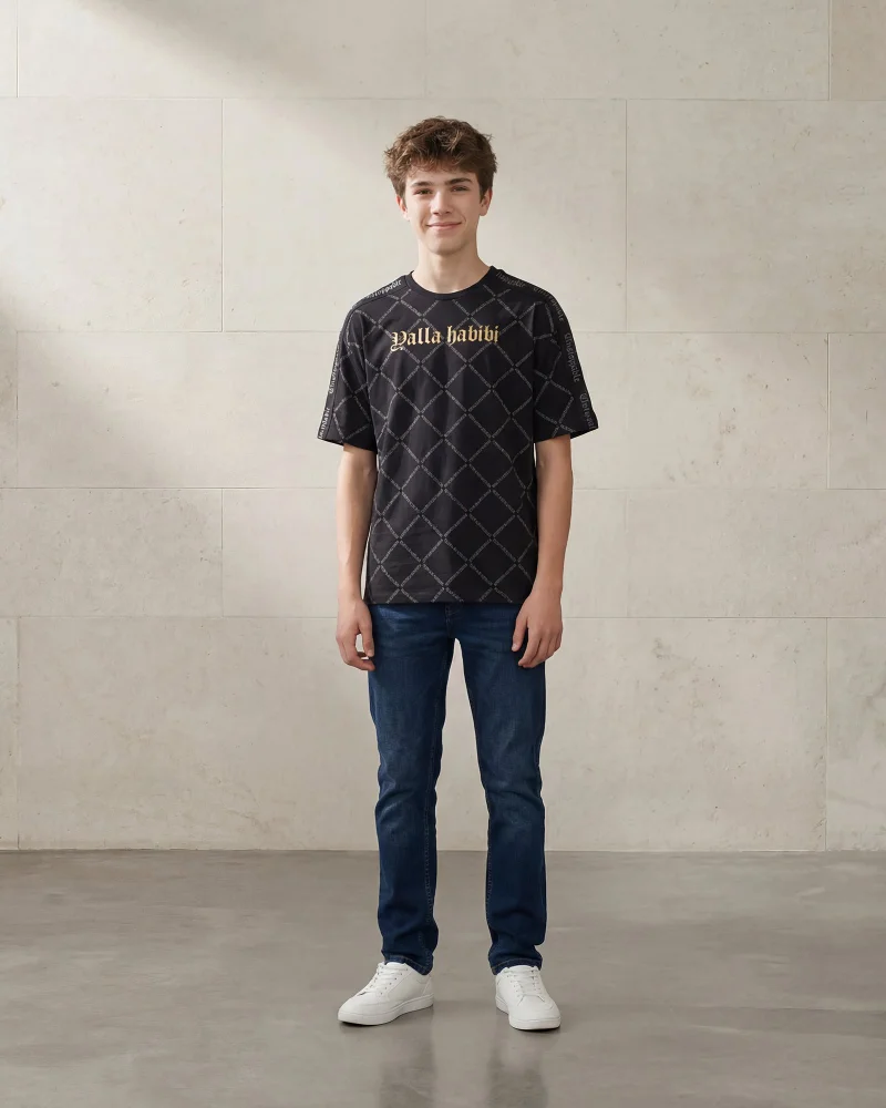 Redtag Senior Boys Black Yalla Shabab Oversized T Shirt