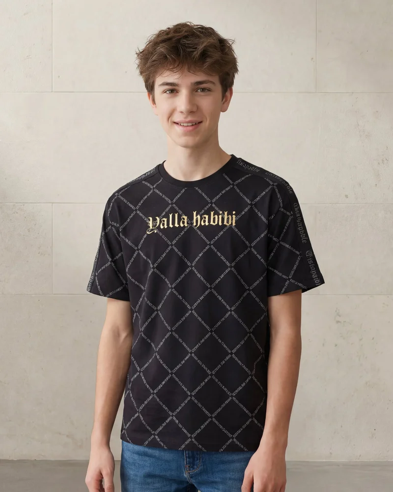 Redtag Senior Boys Black Yalla Shabab Oversized T Shirt