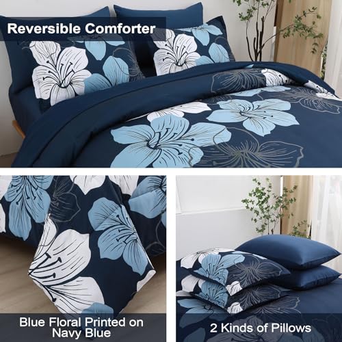Luxudecor Navy Blue Comforter Set Queen Size, 7 Pieces Bed in a Bag Navy Blue Floral Comforter and Sheet Set, Soft Microfiber Complete Bedding Sets for All Seasons - Image 4