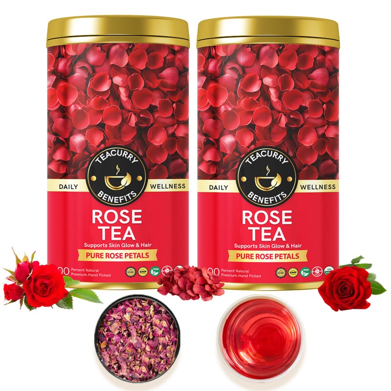 Teacurry Rose Flower Tea (40 Grams, Golden Tin Jar) - Pure, Sun-Dried Rose Petals for Skin Glow and Immunity | 100% Pure and Natural Sun-Dried Rose Petals - Image 1