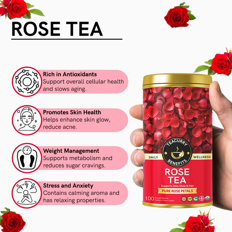 Teacurry Rose Flower Tea (40 Grams, Golden Tin Jar) - Pure, Sun-Dried Rose Petals for Skin Glow and Immunity | 100% Pure and Natural Sun-Dried Rose Petals - Image 2