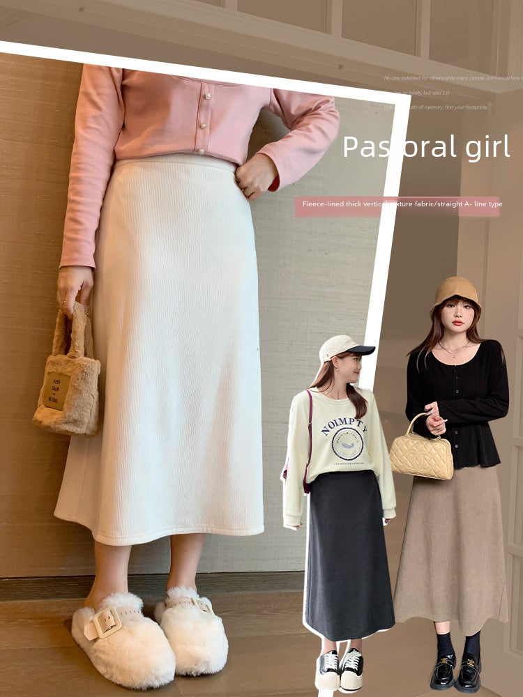 Plus Size High Waist Slit Midi Skirt Autumn Winter Thickened Slimming Smoky gray  - Image 3