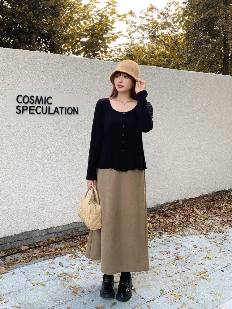 Plus Size High Waist Slit Midi Skirt Autumn Winter Thickened Slimming Smoky gray  - Image 5